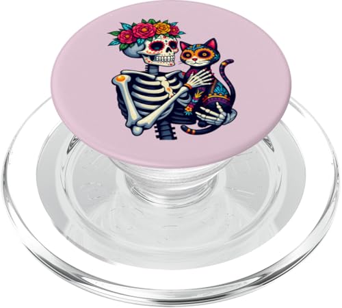 Skelett umarmende schwarze Katze Blumen Día los de Muertos Frauen PopSockets PopGrip für MagSafe von Skeleton & Cat Sugar Skull Día de los Muertos tees