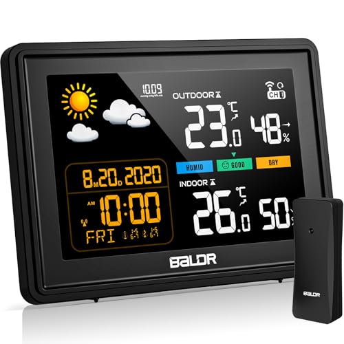 Skeufy Wetterstation Funk mit Außensensor, Innen und Außen Funkwetterstation mit Temperaturwarnung, Farbdisplay Digital DCF-Funkuhr Thermometer Hygrometer mit Wettervorhersage, Luftdurckanzeige von Skeufy