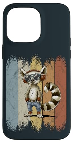 Hülle für iPhone 14 Pro Max Cooler Nostalgie Lemur mit Retro Kopfhörern und Sonnenbrille von SkizzenMonsters Schrullige Viecher