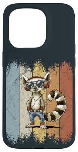 Hülle für iPhone 15 Pro Cooler Nostalgie Lemur mit Retro Kopfhörern und Sonnenbrille von SkizzenMonsters Schrullige Viecher