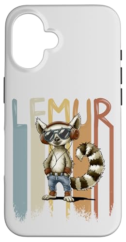 Hülle für iPhone 16 Fancy Party Lemur mit Retro Kopfhörern und Sonnenbrille von SkizzenMonsters Schrullige Viecher