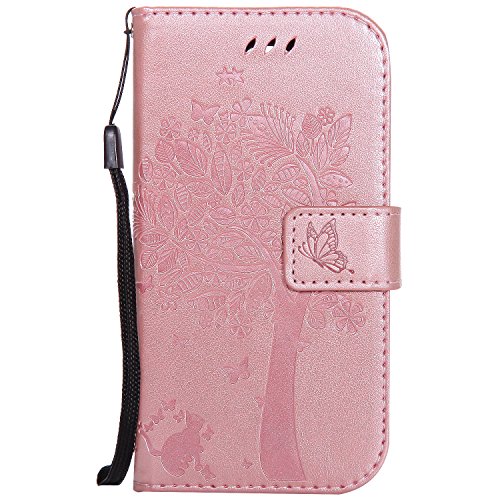 Sleep bear)Samsung Galaxy S4/9500 Mobiltelefon Hülle Case,Exquisite Elegant Baum und Tier Katze Schmetterling PU Leder Telefon Hülle Case,Tragbar Slots Wallet Handyhülle/Cover+Stylus-Rose Gold von Sleep bear