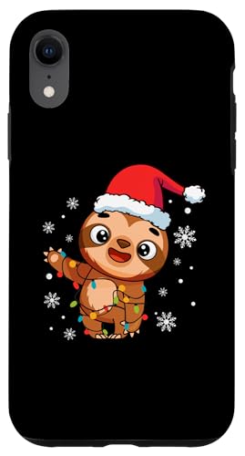 Hülle für iPhone XR Faultier trägt Weihnachtsmannmütze Schneeflocken Weihnachtsbeleuchtung von Sloth Santa Claus Christmas Apparel