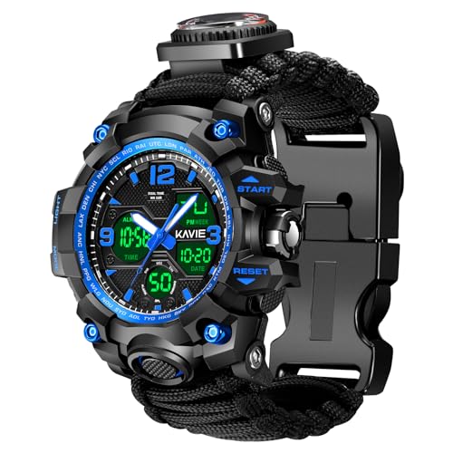 23-in-1 Survival-Militär-Digitaluhr für Herren, taktisch, multifunktional und verstellbar, wasserdicht, Sportuhren mit Kompass-Paracord-Band, Blau, Modern von Smilkat