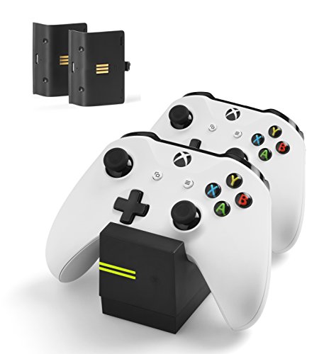 snakebyte Xbox One TWIN:CHARGE X - schwarz – Ladegerät/Ladestation für Xbox One S/Xbox One X/Xbox Elite Controller/Gamepads, 2 Akkus Wiederaufladbar 800mAh, LED-Ladezustandanzeige von Snakebyte