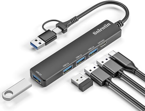 USB 3.0 Hub, 2 in 1 USB Hub 5 Ports, Ultra Slim USB Splitter für Laptop, MacBook Pro, iMac, Surface Pro, XPS, PS5, PC, Flash Drive, Mobile HDD und mehr von Snlrntin
