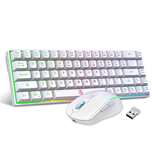 Snpurdiri 60% Tastatur Maus Set Kabellos, LED-Beleuchtung, wiederaufladbare 2000mAh Batterie Small Mini 60 Prozent Wireless Gaming Combo, Ergonomisches Design 6D 3200DPI Maus (Weiß) von Snpurdiri