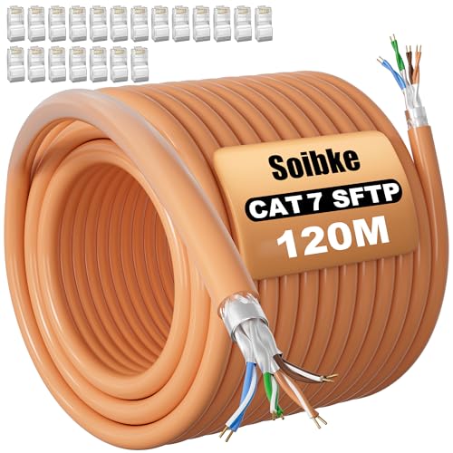 Soibke LAN Kabel 120 Meter, Cat 7 Outdoor Verlegekabel 120m Netzwerkkabel, Schirmung Ethernet Kabel High Speed Wlan Kabel 10Gbps Internetkabel Gigabit Patchkabel PiMF LSZH SFTP Installationskabel von Soibke