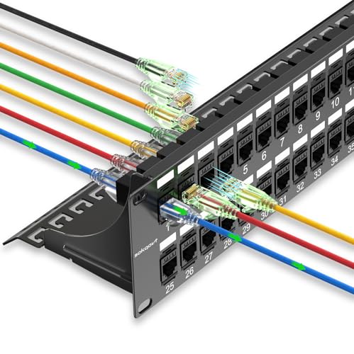 Sokqovt Patchpanel 48 Port Cat6 mit Koppler Keystone, Cat6 Netzwerk Patchpanel 10G kein Durchschlagen, zeitsparendes Ethernet 2U RJ45 Patchpanel mit stabiler Rückleiste, Rackmount 19 Zoll Koppler von Sokqovt