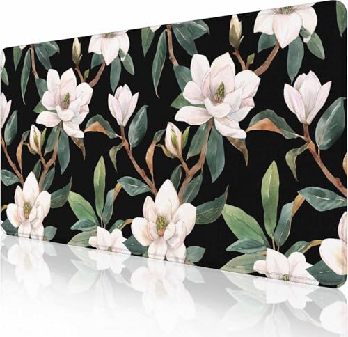 Gaming-Mauspad, groß, rutschfeste Gummiunterseite, Tastatur-Mauspad, Schreibtischunterlage mit genähten Kanten, 89,9 x 39,9 cm, Aquarell-weiße Magnolien-Blumen Gaming-Mauspad, groß, rutschfeste Gummiunterseite, Tastatur-Mauspad, Schreibtischunterlage mit genähten Kanten, 89,9 x 39,9 cm, Aquarell-weiße Magnolien-Blumen von Solekla