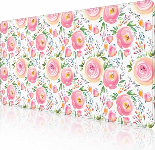 Gaming-Mauspad, großes Mauspad für Damen, rutschfeste Gummiunterseite, Tastatur-Mauspad, Schreibtischunterlage mit genähten Kanten, 89,9 x 40,9 cm, Aquarell-Blumenmuster Gaming-Mauspad, großes Mauspad für Damen, rutschfeste Gummiunterseite, Tastatur-Mauspad, Schreibtischunterlage mit genähten Kanten, 89,9 x 40,9 cm, Aquarell-Blumenmuster von Solekla
