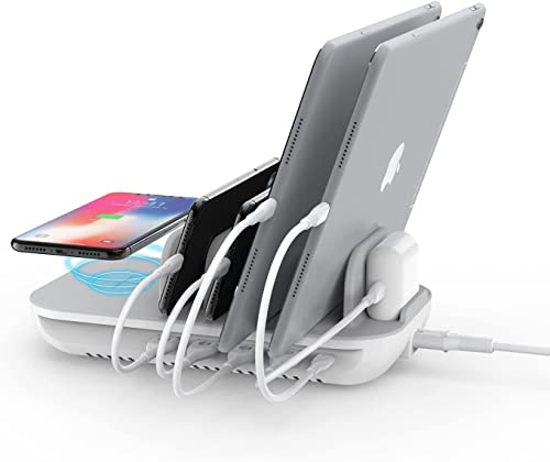 SOOPII 70 W 5-Port-Ladestation mit 15 W kabellosem Ladepad, 5 Kabel im Lieferumfang enthalten, 1 USB-C mit 25 W Stromversorgung, kompatibel mit PPS für iPad Pro, und 4 Anschlüsse für Handys, Tablets von SooPii