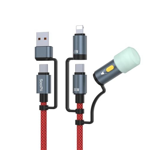 SooPii 100W 5A Multi-USB-C-Ladekabel mit LED-Licht für Camping, 6-in-1-C/A-zu-C/IP-Schnellladekabel, Nylon-geflochtenes Typ-C-Kabel für Telefone, Tablets, Laptops und mehr (Rot,1.2M) von SooPii