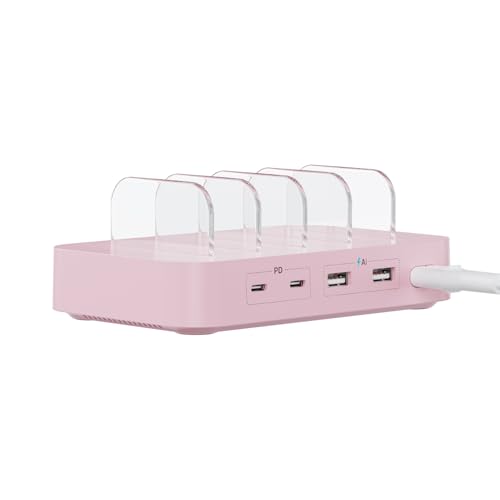 SooPii 4-Port USB-Ladestation für mehrere Geräte, 2 PD 20W USB C Schnellladung für Telefone und andere Geräte für Zuhause, Büro, Reisen, rosa von SooPii