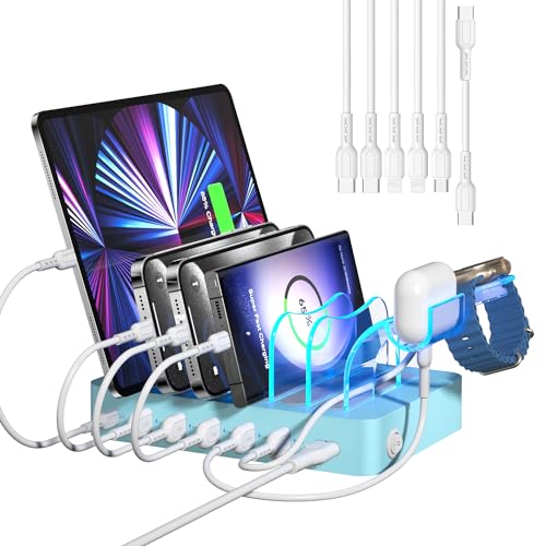SooPii 60W 6-Port Ladestation für mehrere Geräte, USB-Ladestation mit 6 gemischten Kabeln, 20W PD USB-C Schnellladung für iPad, iPhone, Android, Tablet und andere elektronische Geräte von SooPii