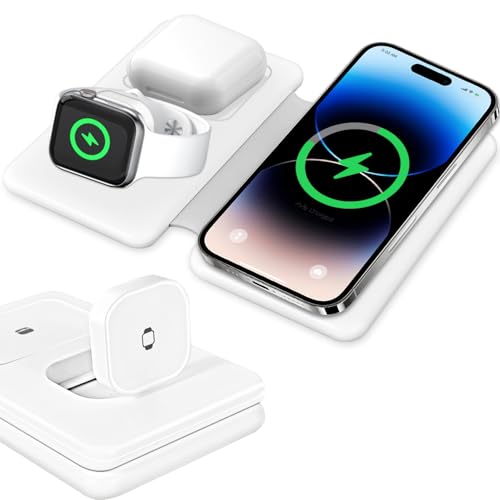 Soslina Mag-Safe Ladegerät für iPhone, Faltbare 3-in-1-Ladestation für Unterwegs, Wireless Charger, Magnetische Induktive Ladestation, iPhone 16, 15, 14, 13, 12 Pro Max Plus, Apple Watch und AirPods von Soslina