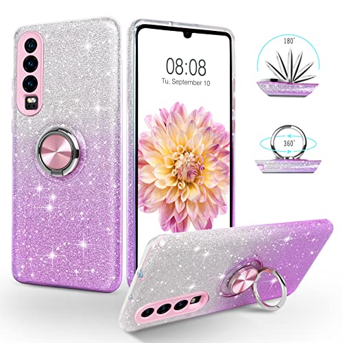 SouliGo Huawei P30 Hülle Glitzer, Huawei P30 Handyhülle Silikon Case Cover mit 360 Grad Ring Halter Ständer stabil Kratzfest Schutzhülle Hülle für Huawei P30 Bling Silber Lila von SouliGo