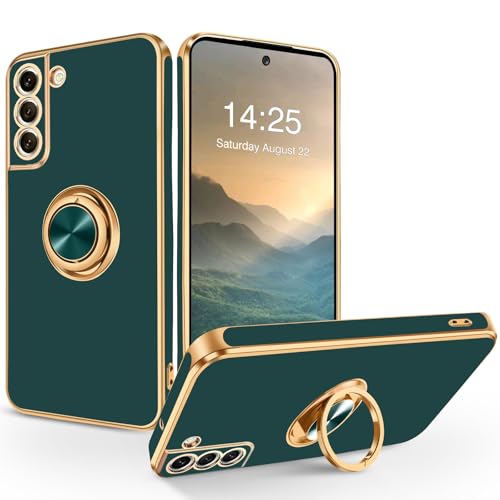 SouliGo Hülle kompatibel mit Samsung Galaxy S22, Galaxy S22 Handyhülle Slim weiche TPU Silikon Case Cover mit 360 Grad Ring Halter Ständer stabil Kratzfest Hülle für Samsung Galaxy S22 Grün Gold von SouliGo