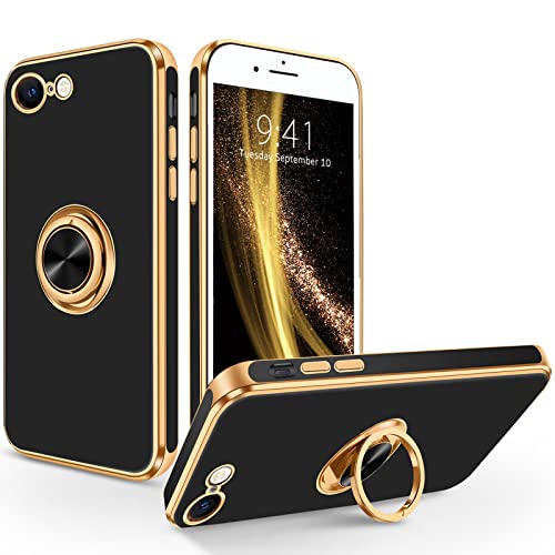 SouliGo Hülle kompatibel mit iPhone 7/8/ iPhone SE 2020 2022 Hülle Slim Weiche TPU Silikon Case mit 360 Grad Ring Halter Ständer stabil Kratzfest Hülle für iPhone 7/8/SE 2020 2022 Schwarz Gold von SouliGo