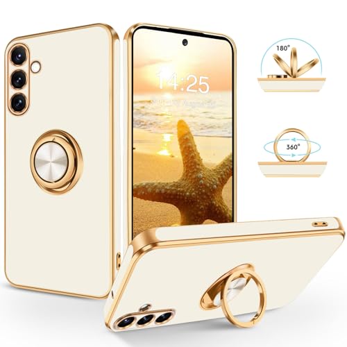 SouliGo Samsung Galaxy A35 Hülle, Samsung Galaxy A35 5G Handyhülle Slim weiche TPU Silikon Case Cover mit 360 Grad Ring Halter Ständer stabil Kratzfest Hülle für Samsung Galaxy A35 5G Weiß Gold von SouliGo