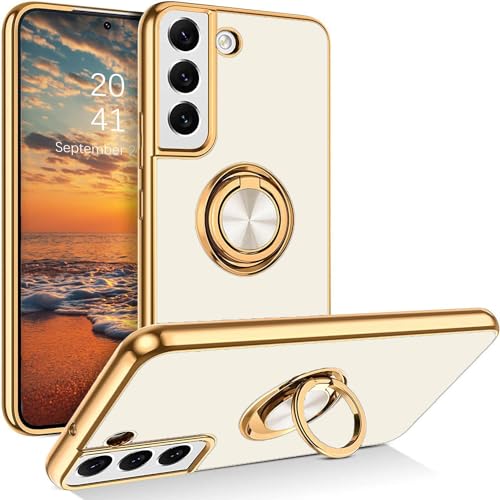 SouliGo Samsung Galaxy S21 Hülle, Samsung Galaxy S21 Handyhülle Slim weiche TPU Silikon Case Cover mit 360 Grad Ring Halter Ständer stabil Kratzfest Hülle für Samsung Galaxy S21 Weiß Gold von SouliGo