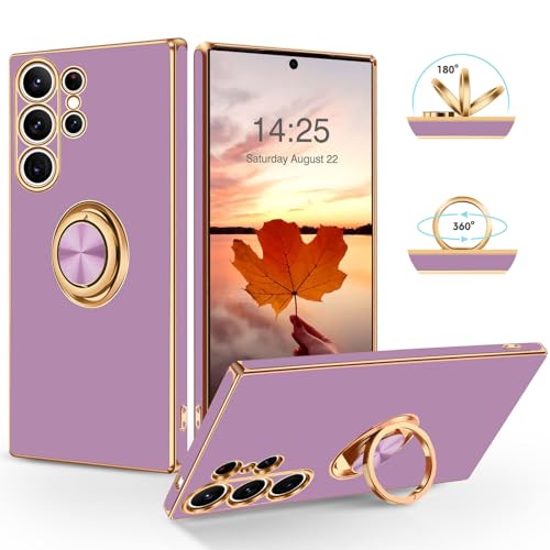 SouliGo Samsung Galaxy S24 Ultra Hülle, Galaxy S24 Ultra Handyhülle Slim weiche TPU Silikon Case Cover mit 360 Grad Ring Halter Ständer stabil Kratzfest Hülle für Samsung Galaxy S24 Ultra Lila Gold von SouliGo