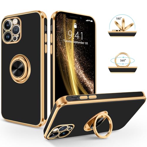 SouliGo iPhone 13 Pro Max Hülle, iPhone 13 Pro Max Handyhülle Slim weiche TPU Silikon Case Cover mit 360 Grad Ring Halter Ständer stabil Kratzfest Hülle für iPhone 13 Pro Max 6.5'' Schwarz Gold von SouliGo