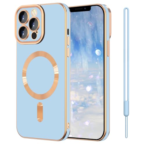 SouliGo iPhone 13 Pro Max Hülle, iPhone 13 Pro Max Handyhülle mit Band [Kompatibel mit Magsafe] Magnetische Plating Soft TPU Case Kratzfeste Stoßfeste Schutzhülle für iPhone 13 Pro Max Blau Gold von SouliGo