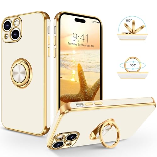 SouliGo iPhone 15 Hülle, iPhone 15 Handyhülle Slim weiche TPU Silikon Case Cover mit 360 Grad Ring Halter Ständer stabil Kratzfest Hülle für iPhone 15 6.1'' Weiß Gold von SouliGo