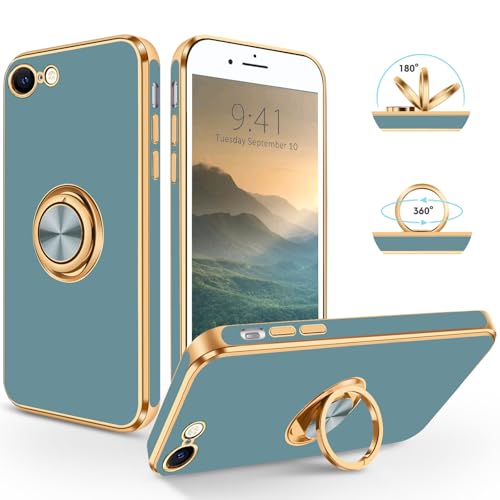 SouliGo iPhone 7/8 Hülle Handyhülle, iPhone SE Hülle, Slim Weiche TPU Silikon Case mit 360 Grad Ring Halter Ständer stabil Kratzfest Hülle für iPhone 7/8/SE 2020 2022 Blau Grau von SouliGo