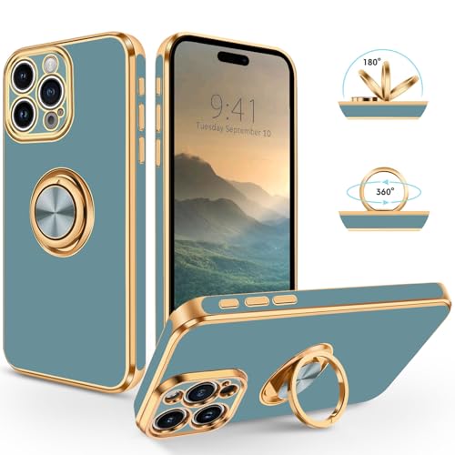 SouliGo iPhone 16 Pro Max Hülle, iPhone 16 Pro Max Handyhülle Slim weiche TPU Silikon Case Cover mit 360 Grad Ring Halter Ständer stabil Kratzfest Hülle für iPhone 16 Pro Max Blau Grau von SouliGo