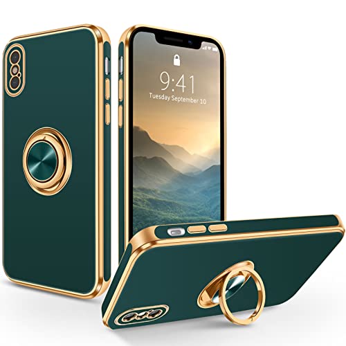 SouliGo iPhone XS Hülle, iPhone X/XS Handyhülle Slim weiche TPU Case mit 360 Grad Ring Halter Ständer stabil Kratzfest Hülle für iPhone X/XS 5.8 Zoll Grün Gold von SouliGo