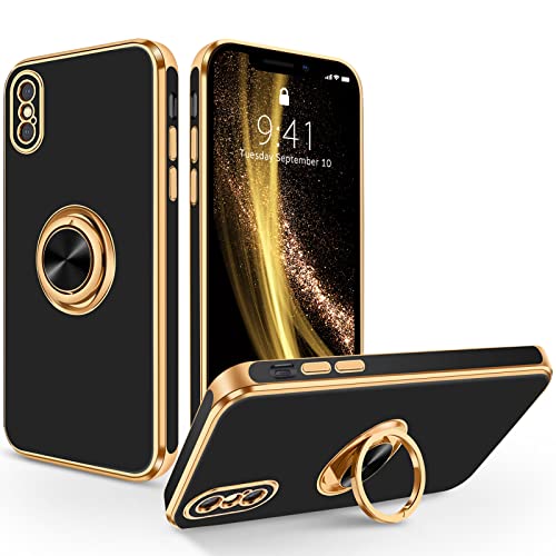 SouliGo iPhone XS Hülle, iPhone X/XS Handyhülle Slim weiche TPU Case mit 360 Grad Ring Halter Ständer stabil Kratzfest Hülle für iPhone X/XS 5.8 Zoll Schwarz Gold von SouliGo