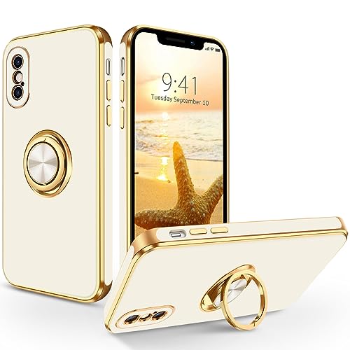 SouliGo iPhone XS Hülle, iPhone X/XS Handyhülle Slim weiche TPU Case mit 360 Grad Ring Halter Ständer stabil Kratzfest Hülle für iPhone X/XS 5.8 Zoll Weiß Gold von SouliGo