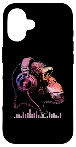 Hülle für iPhone 16 Affe Schimpanse DJ mit Kopfhörer Musik Equalizer Monkey DJ von Sound Monkey Musikliebhaber Audioenthusiasten Affe