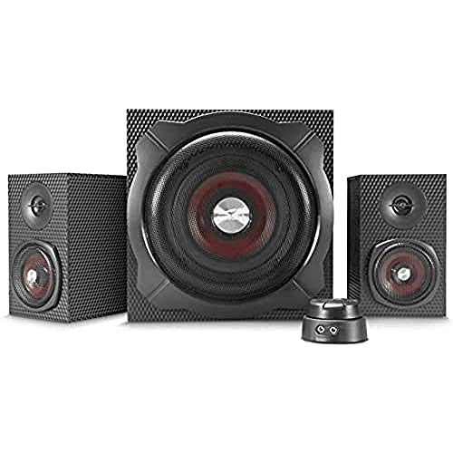 Speedlink GRAVITY CARBON 2.1 Bluetooth Soundsystem - Tablet/Smartphone PC Lautsprecher mit Subwoofer aus Holz, Aktiv Lautsprechersystem 120 Watt, 3,5mm Klinke, AUX, Tischfernbedienung, schwarz von Speedlink