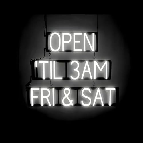 SpellBrite OPEN TIL 3AM FRI & SAT - LED Neon Schild - Weiß | Wand Leuchtreklame | Superhelles Licht | 75.44 x 3.8 cm | Neon Zeichen | Typenschild | 6 Dimmmodi und 8 Animationen von SpellBrite