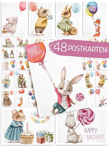 48er Set Postkarten Geburtstag Tierisch schön hochwertige Glückwunschkarten zum Geburtstag Happy Birthday Karte Grußkarte Gutschein Geschenk süß niedlich Illustration Comic Tier Katze Hase Bär Maus von Spielefabrik