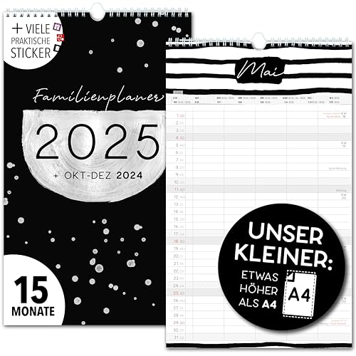 Kleiner Familienkalender 2025 5 Spalten SCHWARZ-WEIß 19,5 x 32,5cm Familienplaner 2025 und Okt-Dez 2024 Wandkalender Wandplaner 2025 STICKER Recycling Urlaub, Pflanzkalender black white Kunst Design von Spielefabrik