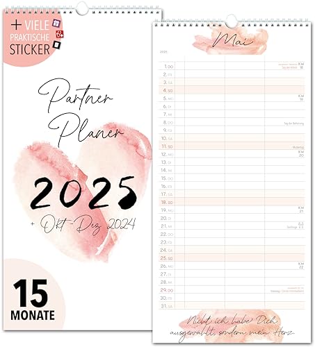 Paarplaner 2025 3 Spalten LIEBE AQUA Planer für Zwei 2025 und Okt-Dez 2024 Partnerkalender 16x32,5cm Paarkalender f. Paare 2025 Wandplaner 2 Personen STICKER Recycling Urlaub, Pflanzkalender Love Herz von Spielefabrik