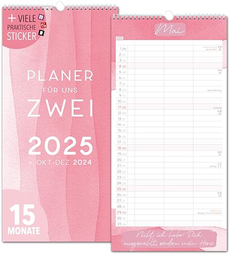 Paarplaner 2025 3 Spalten WASSERFARBEN Planer für Zwei 2025 und Okt-Dez 2024 Partnerkalender 16x32,5cm Paarkalender Paare 2025 Wandplaner 2 Personen STICKER Recycling Urlaub, Pflanzkalender Aquarell von Spielefabrik