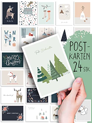 Spielefabrik Weihnachtskarten 24 Stück Postkarten, Grafisches Design, Boho Deko, Illustration, Weihnachtspostkarten, Weihnachten, Xmas, Set, Mix, Geschenk, Grußkarten, Geschenkkarten von Spielefabrik