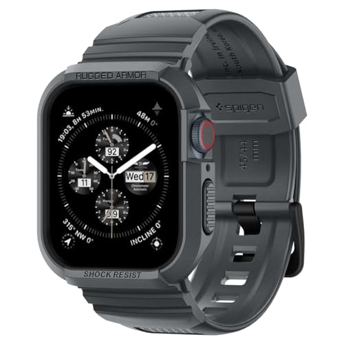 Spigen Rugged Armor Pro Hülle mit Armband Kompatibel mit Apple Watch Serie 9/8/7(45mm) 6/5/SE(44mm) - Dunkel Grau von Spigen
