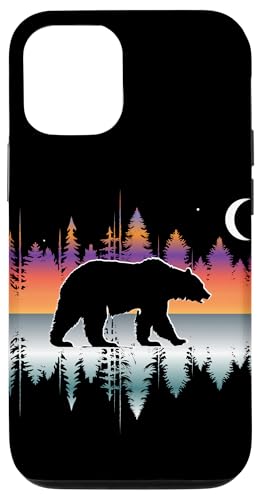 Hülle für iPhone 15 Pro Bäume, Spiegelung, Grizzlybär, der im Wald läuft, Silhouette von Sports Camping Hiking Outdoor Adventures