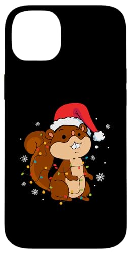 Hülle für iPhone 14 Plus Eichhörnchen mit Weihnachtsmannmütze, Schneeflocken, Weihnachtsbeleuchtung von Squirrel Santa Claus Christmas Apparel