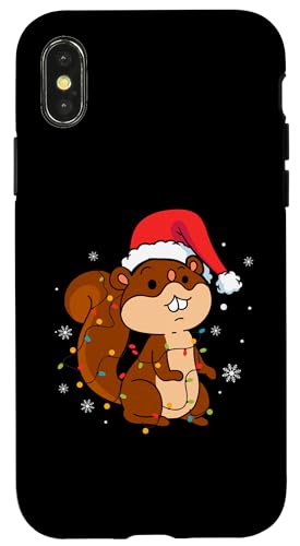 Hülle für iPhone X/XS Eichhörnchen mit Weihnachtsmannmütze, Schneeflocken, Weihnachtsbeleuchtung von Squirrel Santa Claus Christmas Apparel