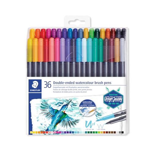 STAEDTLER Doppelfasermaler wasservermalbar, für Aquarell-Effekte, zwei Linienbreiten, feine Spitze und breite Pinselspitze, Klarfaltetui mit 36 brillanten Farben, 3001 TB36 STAEDTLER Doppelfasermaler wasservermalbar, für Aquarell-Effekte, zwei Linienbreiten, feine Spitze und breite Pinselspitze, Klarfaltetui mit 36 brillanten Farben, 3001 TB36 von Staedtler