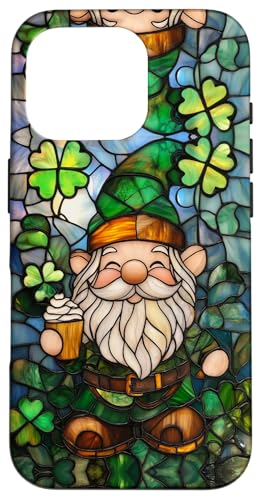 Hülle für iPhone 16 Pro St Paddys Gnome Shamrocks Clovers Stained Art Stain Irish von Stained Art Effects ADC