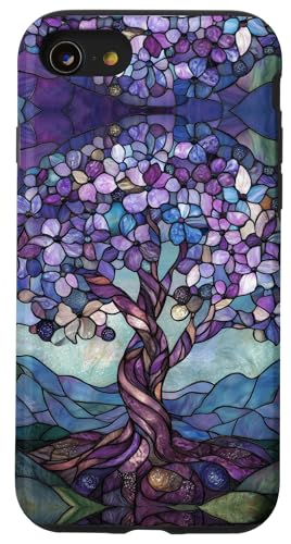 Hülle für iPhone SE (2020) / 7 / 8 Teal Purple Tree of Life Roots Stained Art Stain Art Leaves von Stained Art Effects ADC