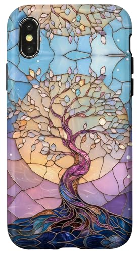 Hülle für iPhone X/XS Tree of Life Roots Stained Art Stain Art Leaves Blue Pink von Stained Art Effects ADC